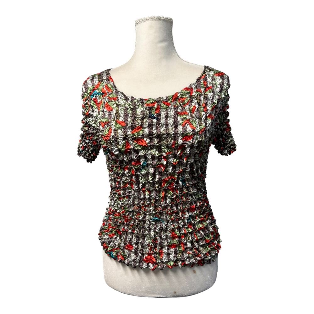 VTG FC Popcorn Shirt One Size Multi Color Floral Crinkle Stretch Y2K Blouse